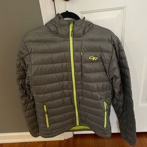 Outdoor Research down jacket with hood.